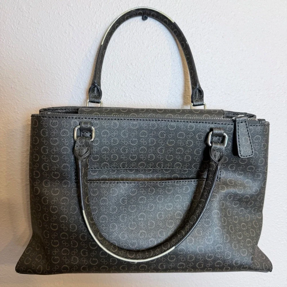 GUESS Monogram Logo Satchel Handbag Brown Silver Tone‎ Hardware Crossbody Bag